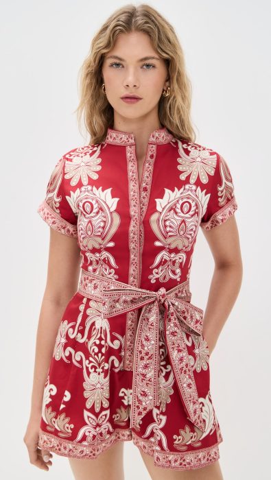 alice + olivia Lucy Roll Sleeve Button Down Romper