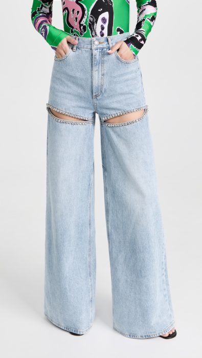AREA Wide Leg Crystal Slit Jeans