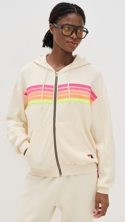 Aviator Nation 5 Stripe Relaxed Zip Hoodie