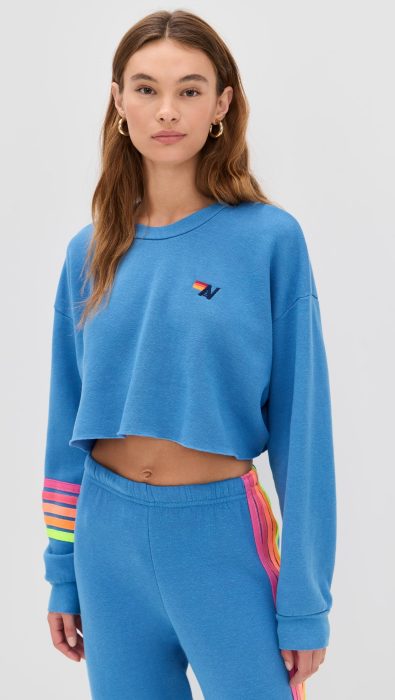 Aviator Nation Rugby Stitch Cropped Crew Sweatshirt
