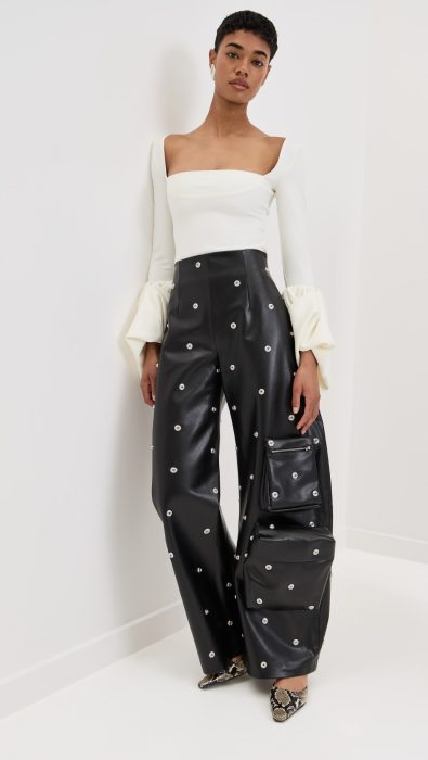A.W.A.K.E. MODE Faux Leather Stud Trousers With Snap-On Pockets