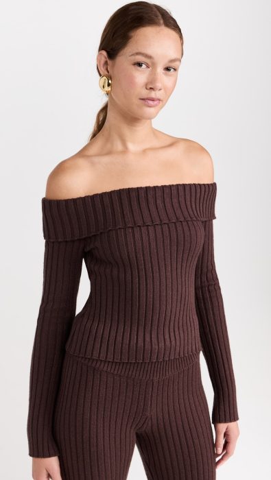 GUIZIO Thalia Rib Off Shoulder Sweater
