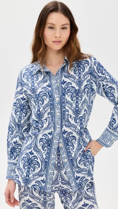 FARM Rio Blue Tropical Cameo Off-White Pajama Shirt