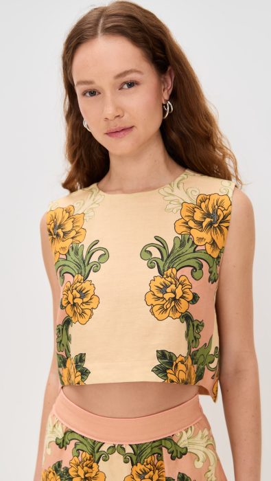 FARM Rio Delicate Flower Arabesques Pink Cropped Top