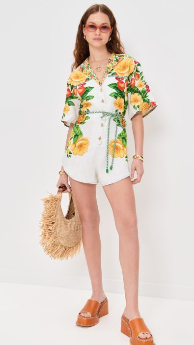 FARM Rio Picnic Flowers Off-White Buttoned Topstitching Romper