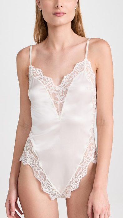 Fleur du Mal Venus Lace Trim Silk Thong Teddy