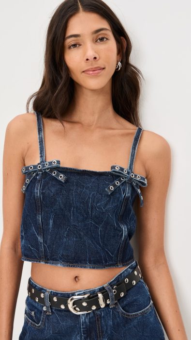 GANNI Crinkled Future Denim Strap Top