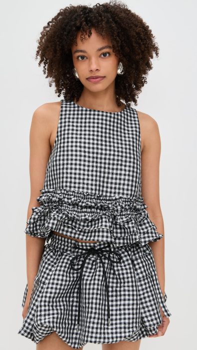 GANNI Crinkled Taffeta Check Frill Top