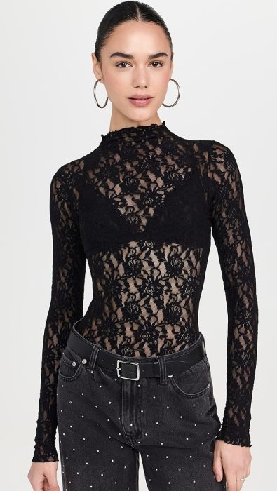 Hanky Panky Signature Lace Mock Neck Long Sleeve Thong Bodysuit