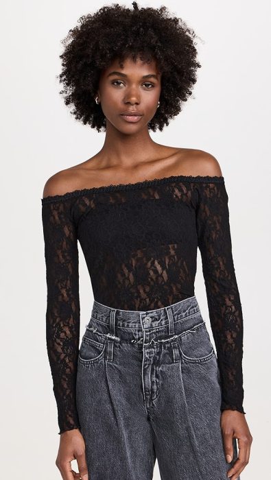 Hanky Panky Sig Lace Off Shoulder Long Sleeve Top