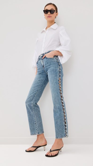SIMKHAI Amelia High Rise Pearl Embellished Denim Jeans