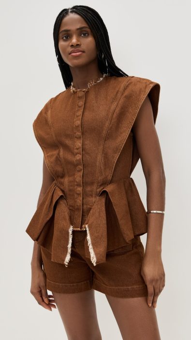 Marques'Almeida Brown Denim Structure Shoulder Cinched Top
