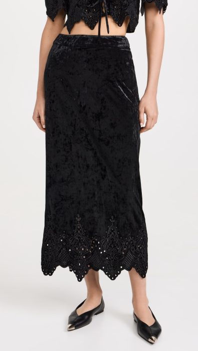 Moon River Eyelet Detail Velvet H Line Midi Skirt