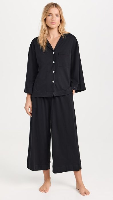 Petite Plume Women's Luxe Pima Black Wide Leg Pajama Set