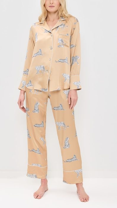 Petite Plume Mulberry Silk Panther Champagne Pajama Set