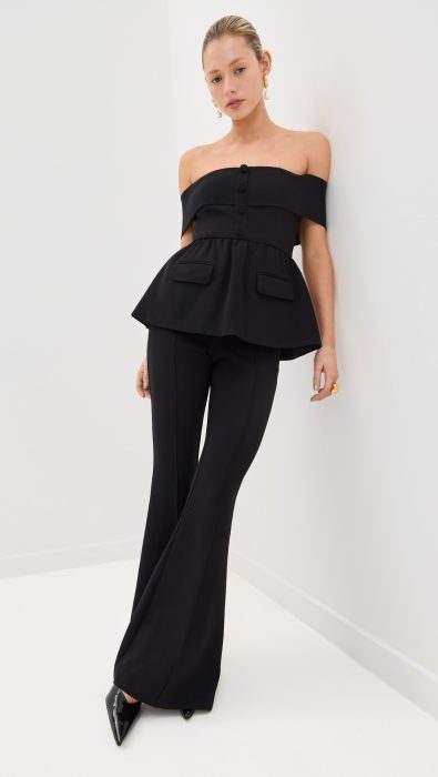 Self Portrait Black Crepe Off Shoulder Jumpsuit