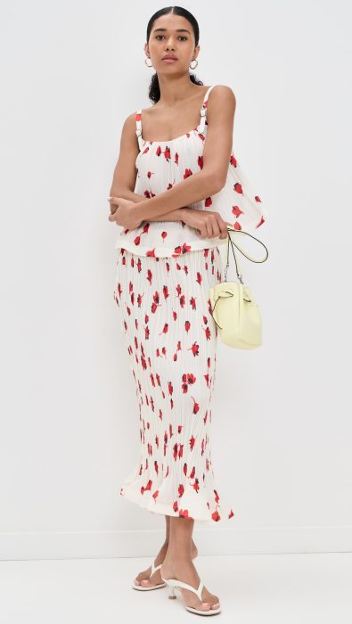 Self Portrait White Floral Plisse Midi Skirt