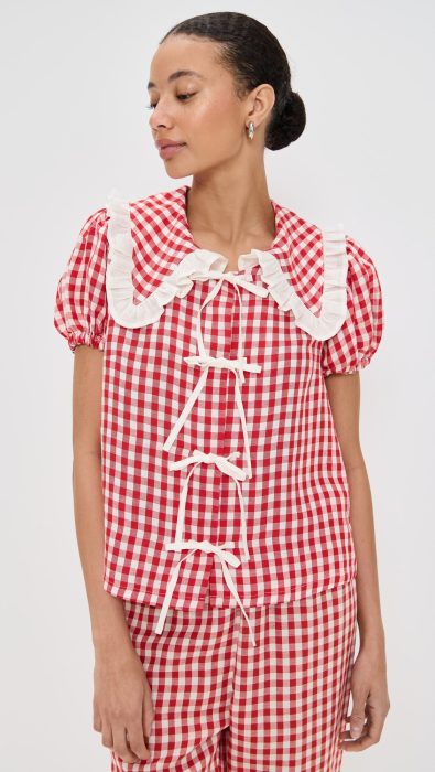 Sleeper Puff Linen Lounge Shirt in Red Vichy
