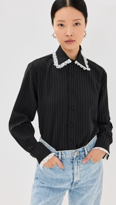 Tanner Fletcher Pippa Lace Trim Pinstripe Button Down Shirt