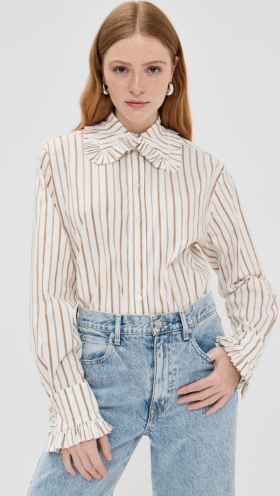 Tanner Fletcher Pippa Stripe Ruffle Button Down Shirt